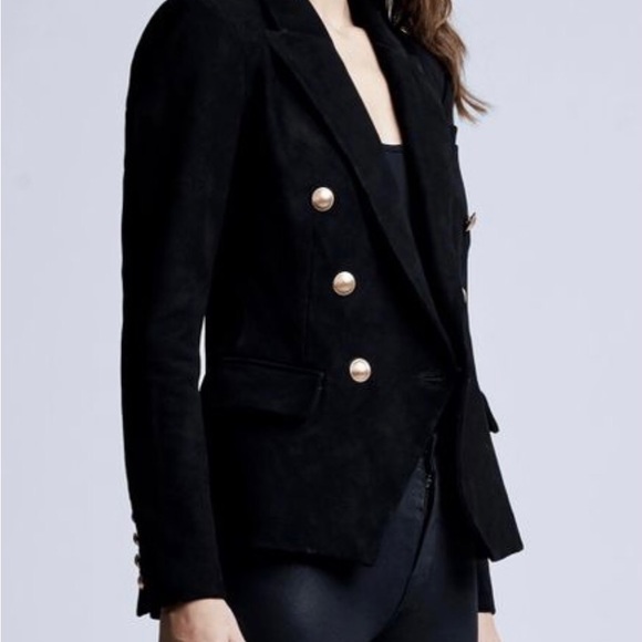 L’agence Women’s Black Suede Kenzie Sz 12 Double-Breasted Blazer Gold Buttons - Picture 3 of 9
